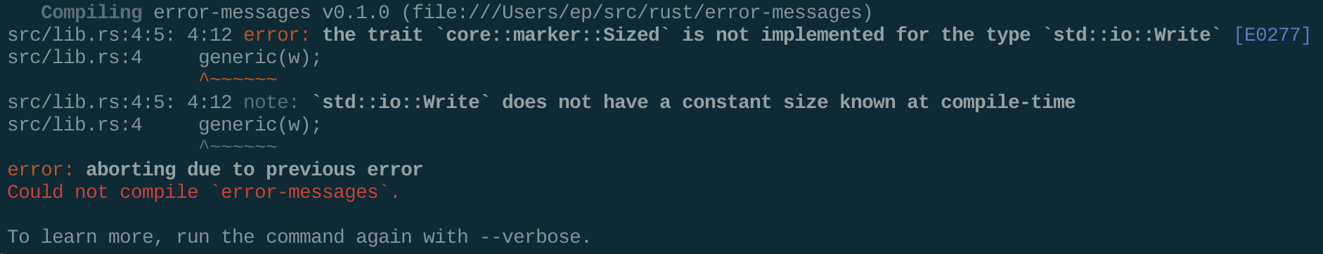 A terminal screenshot of the 1.2.0 error message.